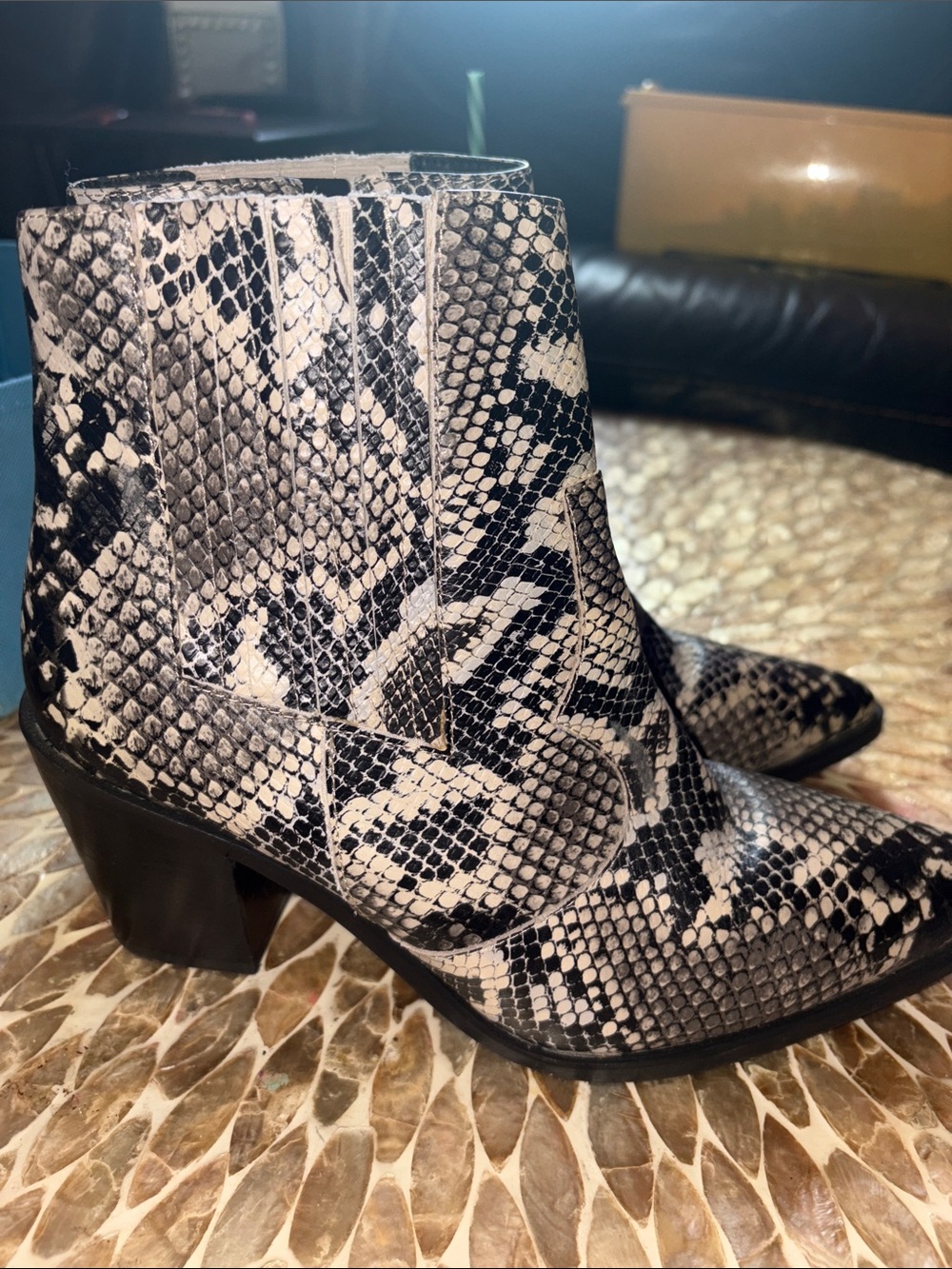 Women’s  blondo Snake-Print Pointed Toe Ankle Boots - Black & Cream